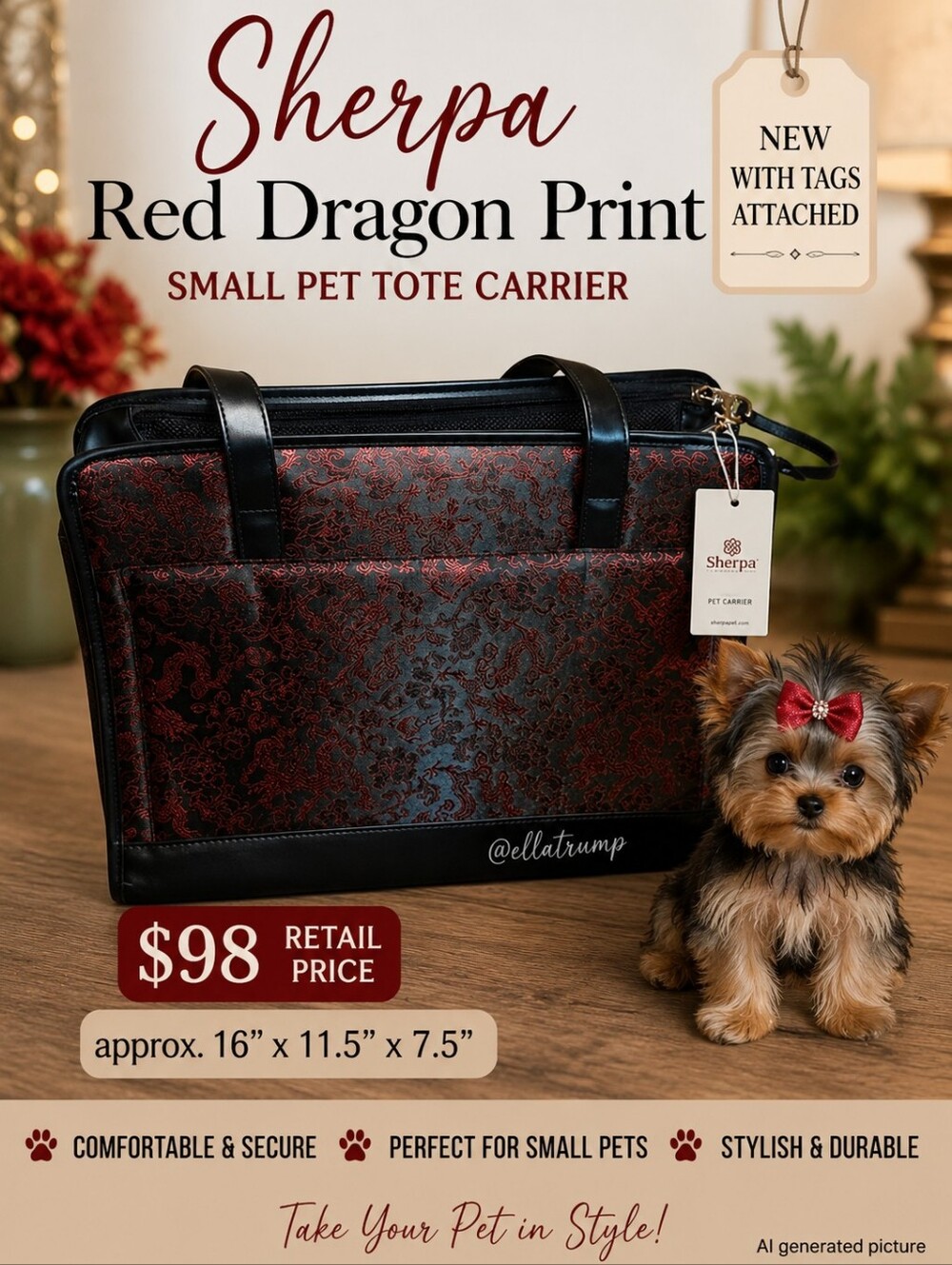 Sherpa Holiday Red Dragon Print Small Pet Tote Carrier